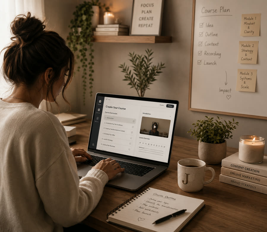Course creator building an online course at her laptop