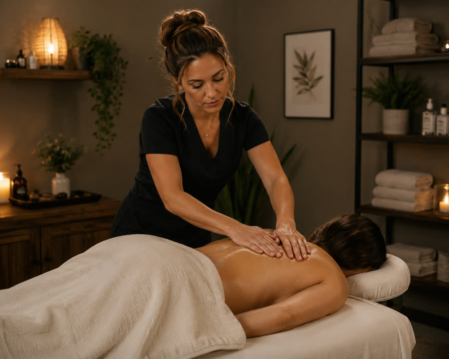 Massage therapist working with a client in a candlelit treatment room