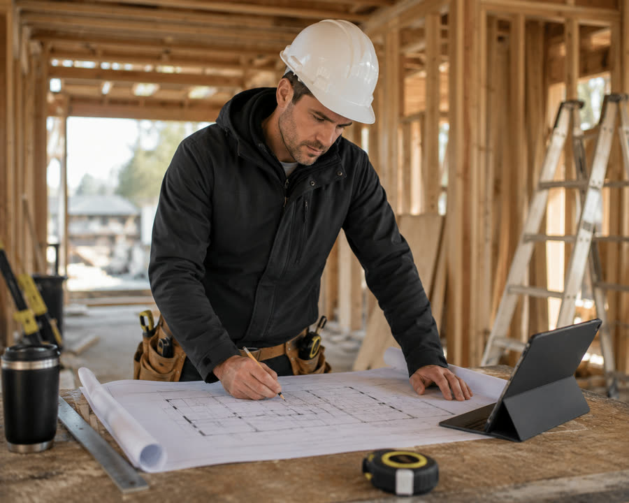 Contractor reviewing blueprints on a framed job site